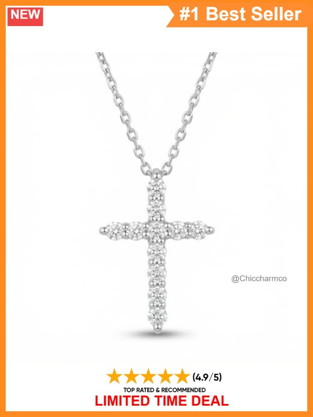 14K White Gold Diamond Cross Necklace 18" Dainty Pendant